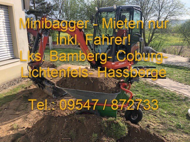 Minibagger mit Fahrer unterwegs zwischen Bamberg, Breitengüßbach und Bad Staffelstein